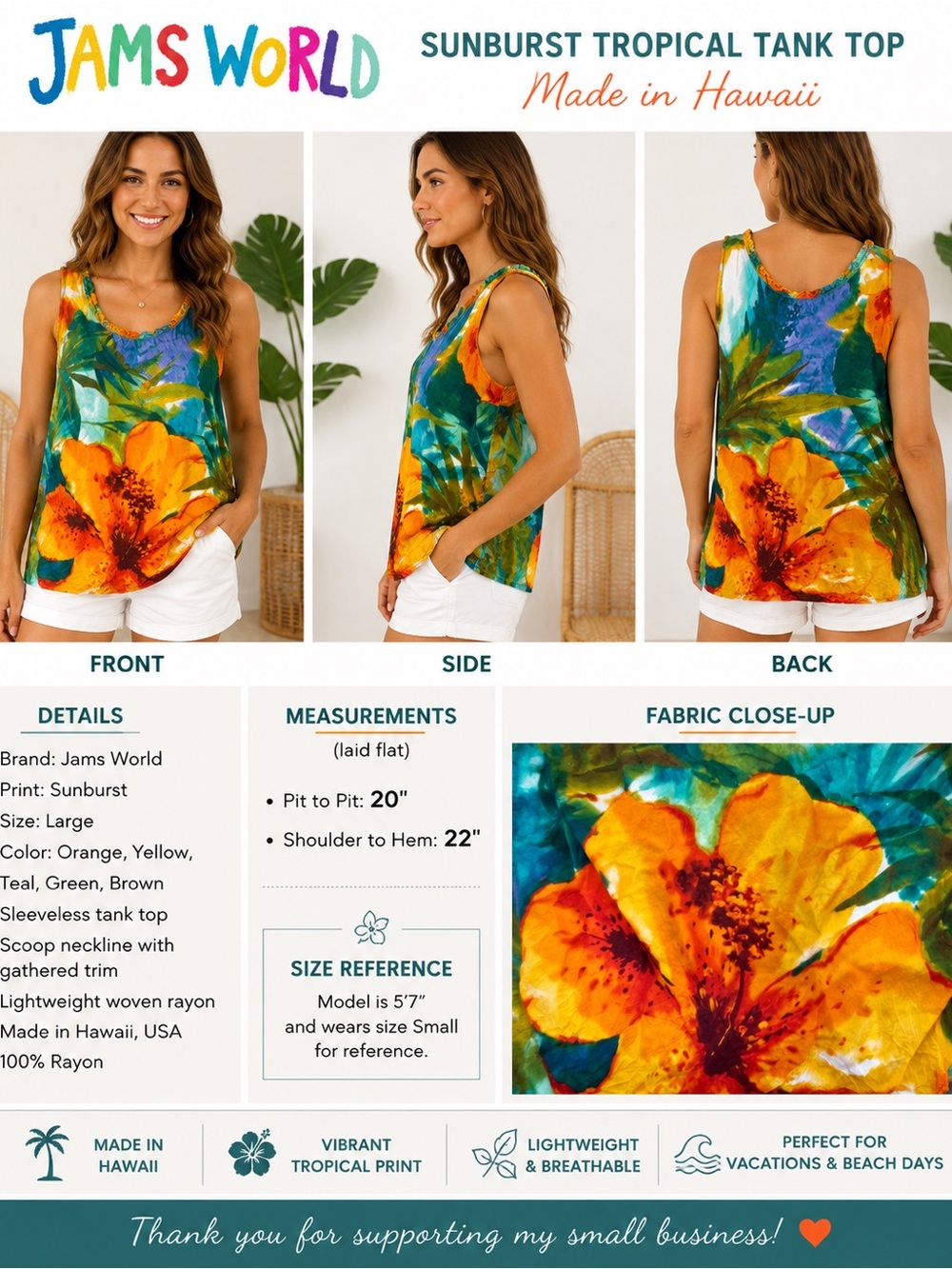 Jams World Sunburst Tropical Floral Tank Top Made in Hawaii 100% Rayon Women's L